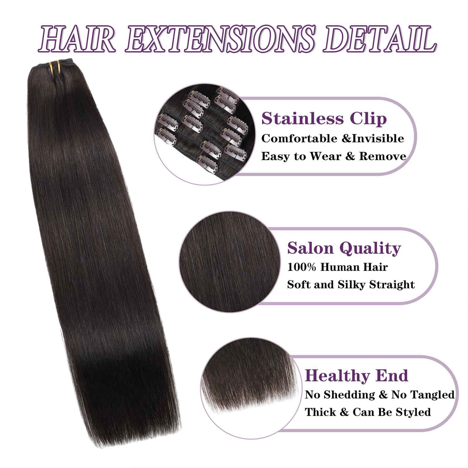 Human Hair Clip in Extensions #2 Dark Brown Clip in Hair Extensions Real Human Hair Straight Clip ins Extensions for Women 18 Inch 85g 7Pcs Easy to Styling