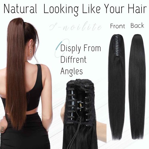 S-noilite Claw Clip Ponytail Extension Human Hair #1 Jet Black Real Remy Human Hair Ponytail Extension 16inch Long Straight Hair Pony Tails Hair Extensions For Women 105Grams