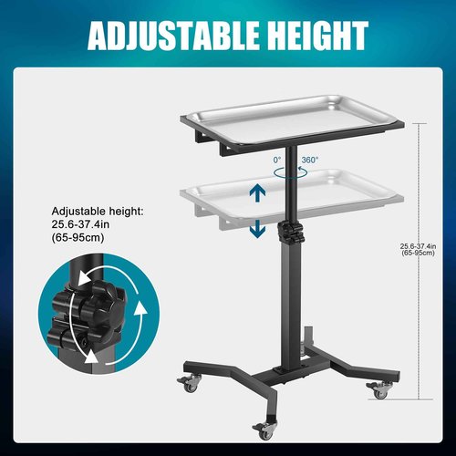Poarmeey Tattoo Tray with Wheels Trolley Adjustable Height, Tattoo Stand Rolling Tray for Tattoo Studio