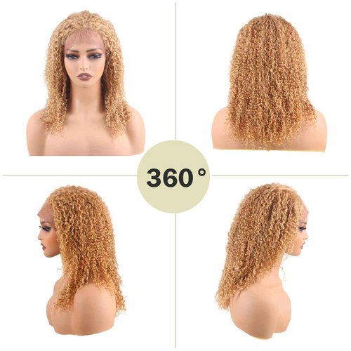ManeMajesty 18 Inch Honey Blonde Kinky Curly Lace Front Wigs Human Hair 180% Density Afro Curly Wigs 13x4 360°Full Lace Lace Frontal Wig Pre Plucked 12A Brazilian Glueless Wig for Black Women #27