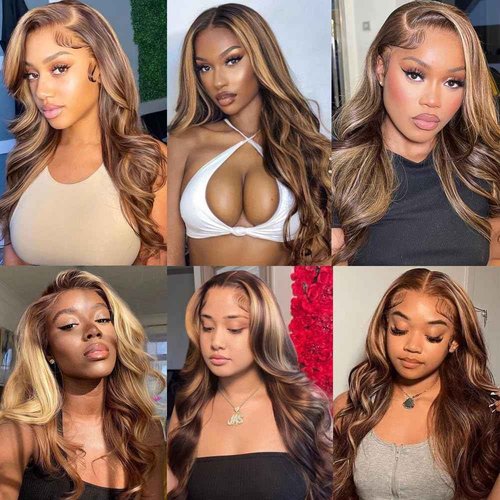 Brown Highlight Ombre Human Hair Bundles Body Wave Bundles 100% Unprocessed Brazilian Virgin Hair Honey Blonde Highlight Body Wave 3 Bundles Double Weft Extensions