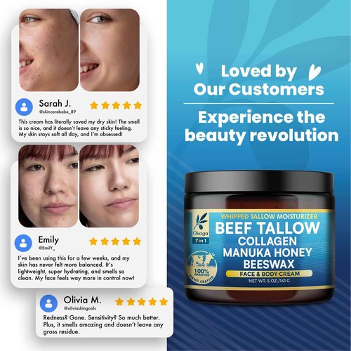 Organic Beef Tallow for Skin, Organic Grass-Fed Beef Tallow Balm with Manuka Honey, Aloe Vera, Jojoba Oil, Collagen & Beeswax, Olive Oil, Moisturizer for Dry Skin, Nourishes Face, Body & Lips (3 Pack)