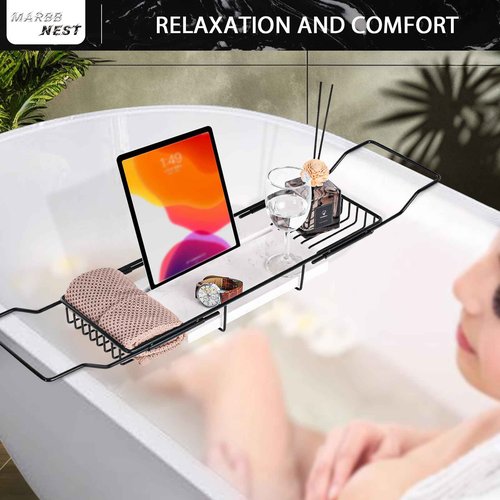 MARBBNEST Bathtub Tray Caddy for Luxury Bath Expandable Extra Wide Bath Tub Tray with Natural Marble Tray and Mobile/Tablet Stand, Ideal for Home Spa Lovers (Black + White)