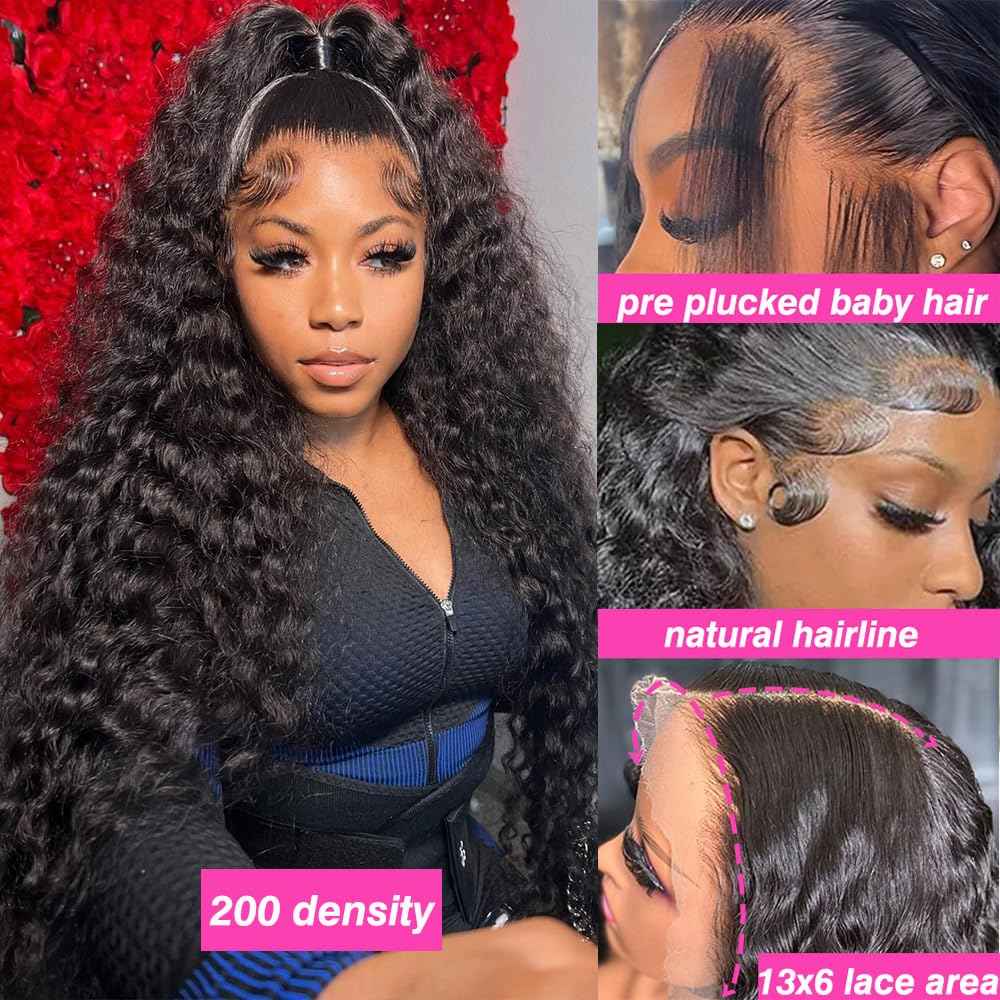 22 Inch Water Wave Lace Front Wigs Human Hair 13x6 HD Lace Frontal Wig Human Hair Pre Plucked with Baby Hair 200 Density Deep Part Curly Wig for Women