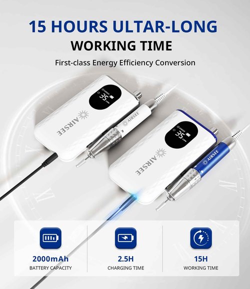 AIRSEE 35000 RPM Professional Electric Rechargeable Nail Drill File Machine for Acrylic Extension Gel Dip Powder Powerful Cordless Portable Efile 56 Sanding Bands 7 Bits LCD Scrn Salon Manicure Use G7