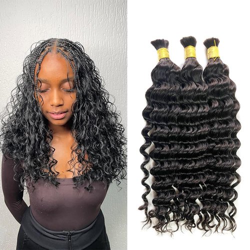 XISHIHONGYAN Bulk Human Hair Deep Curly - 3 Bundles (300g) Weft-Free Seamless for Box & Boho Knotless Braids 16 Inch Natural Black