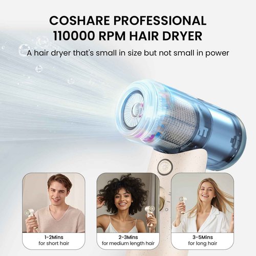 COSHARE Travel Hair Dryer, 110000 RPM High-Speed Brushless Motor, 200g Compact Travel Blow Dryer for Fast Drying, Smart Thermo-Control, Lightweight, Low Noise, Sandy Khaki