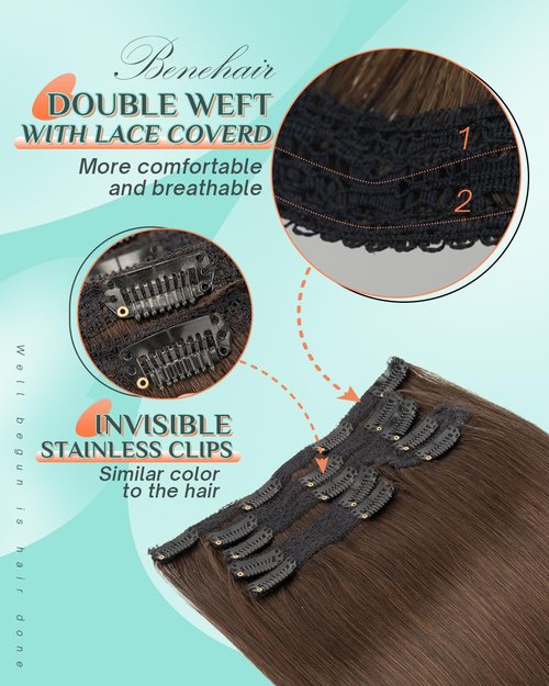 Benehair Clip in Hair Extensions Real Human Hair 22inch Double Weft Dark Brown Hair Extensions Clip in Human Hair Invisible Lace Weft Straight Hair Extensions Clip ins 7pcs with 16 Clips 130g #2