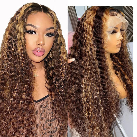 13x6 Highlight Lace Front Wig Ombre Deep Wave Lace Front Wig Pre Plucked With Baby Hair 180% Density Honey Blonde Curly Human Hair Glueless Wigs for Women (24 inch)