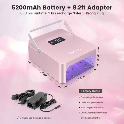 Lavinda 60W Large UV LED Nail Lamp with Portable Handle, Rechargeable 5200mAh Nail Dryer with Dual Controls, Max/Low Heat, 3-Prong Safety Adapter & LCD for Salon & Home.