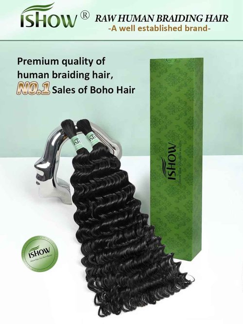 ISHOW Raw Human Braiding Hair, 100% Unprocessed Virgin Human Hair, 15A Deep Wave Boho Hair, 100g 18 Inch (2 Packs), NO.1 Premium Quality Boho Hair Producer, Long Lasting, Color 1B