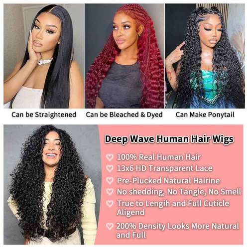 Dokihis 13x6 Deep Wave Lace Front Wigs Human Hair 26 Inch 200 Density HD Lace Frontal Glueless Wigs Human Hair Pre Plucked Deep Curly Wig with Baby Hair Natural Black