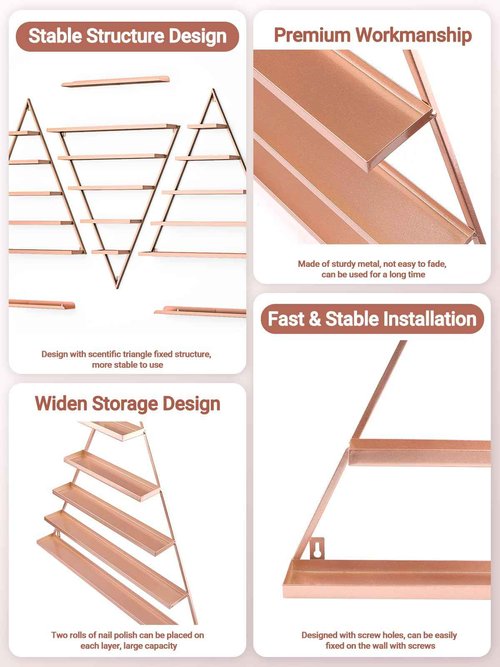 EBANKU Metal Wall-mounted Nail Polish Storage Racks 5 Tiers Triangular Display Rack Cosmetic Display Cases Lipstick Perfume Wall Shelf Essential Oil Organizers for Home Spa Nail Salon Shop (Rose Gold)