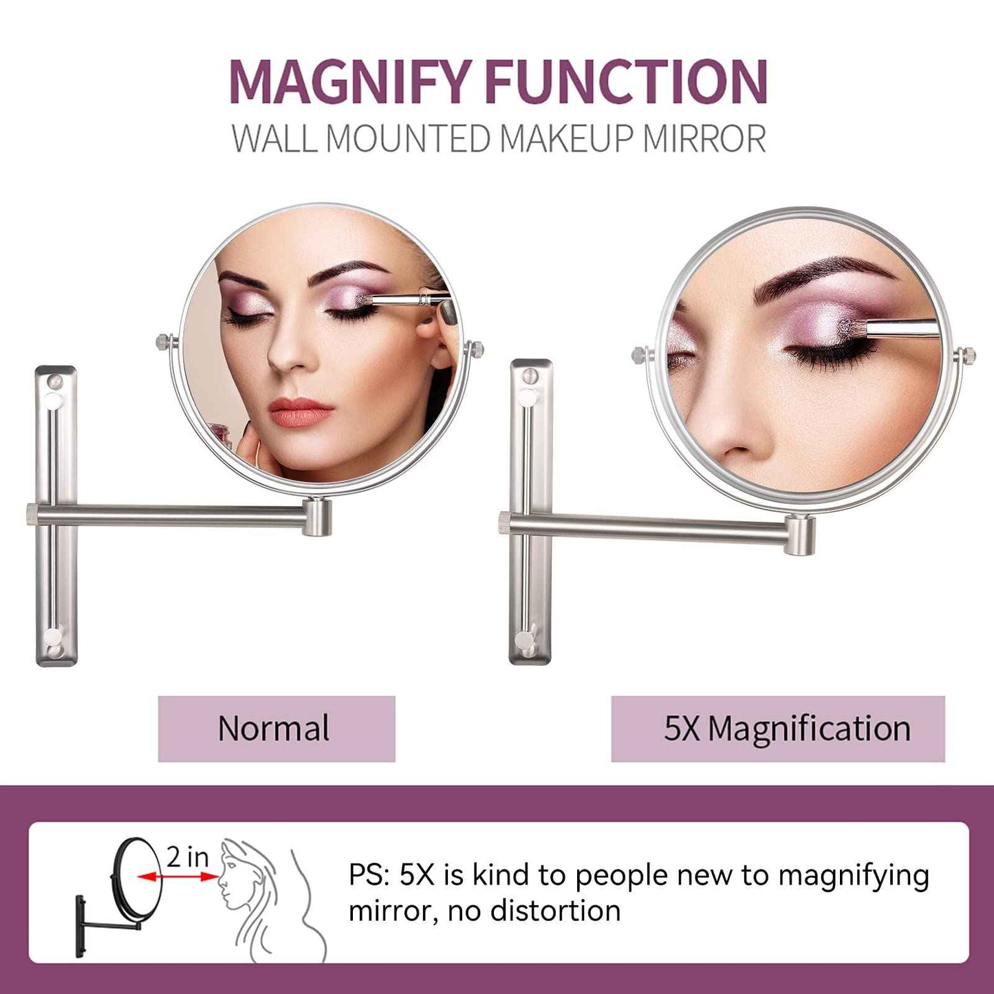 Nicesail 8 Inch Double-Side Shower Shaving Mirror with 5X Magnification Brush Nickel Mirror Magnified 5X Mirror for Wall Bathroom Mirror