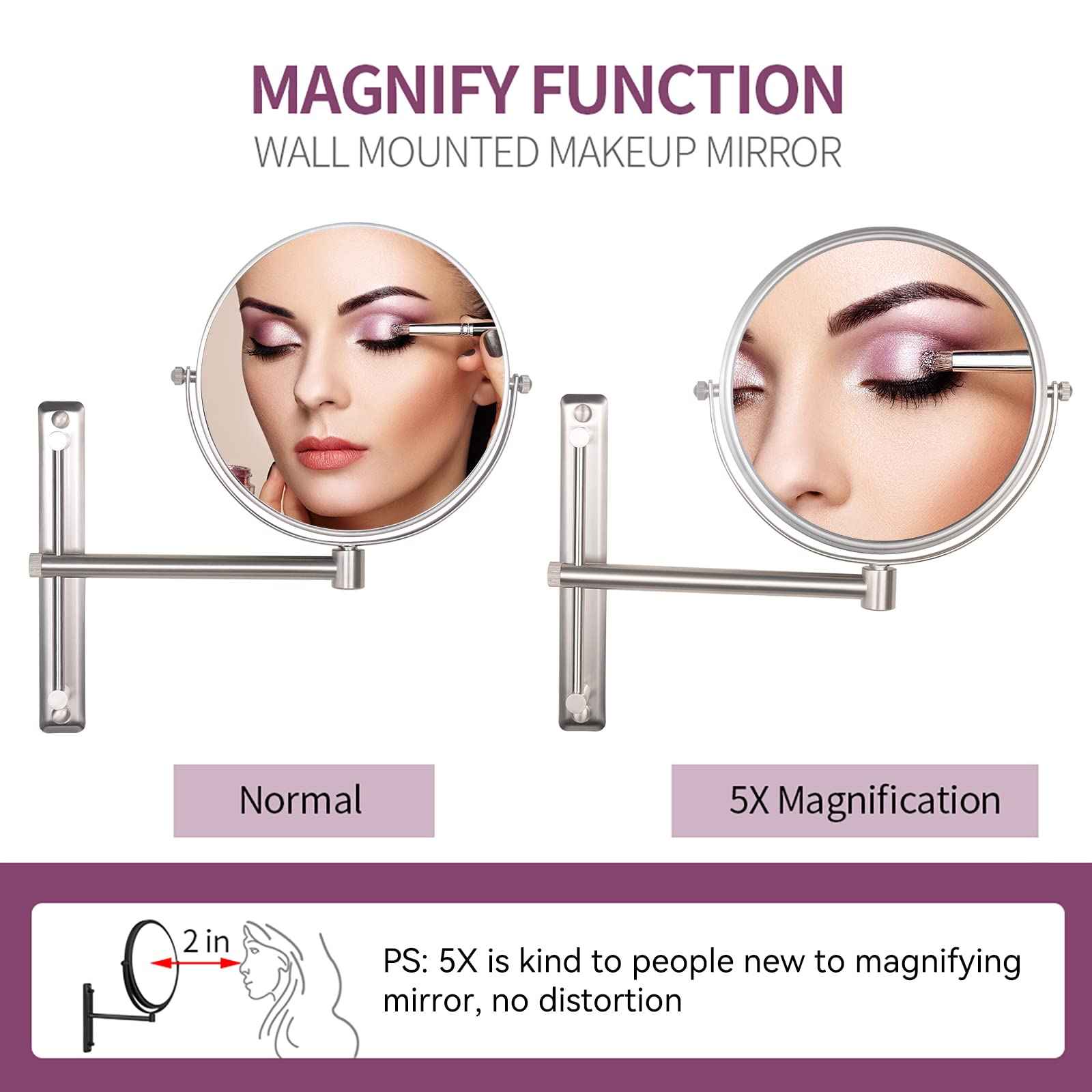 Nicesail 8 Inch Double-Side Shower Shaving Mirror with 5X Magnification Brush Nickel Mirror Magnified 5X Mirror for Wall Bathroom Mirror