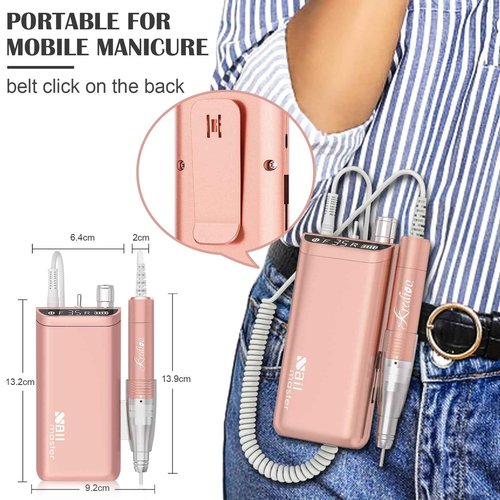 Kredioo Nail Drill, Nail Drills for Professional Acrylic Nails 35000RPM Electric File Machine Rechargeable Portable with 10 Bits Remove Gel Polish Salon Quality Manicure-Gold
