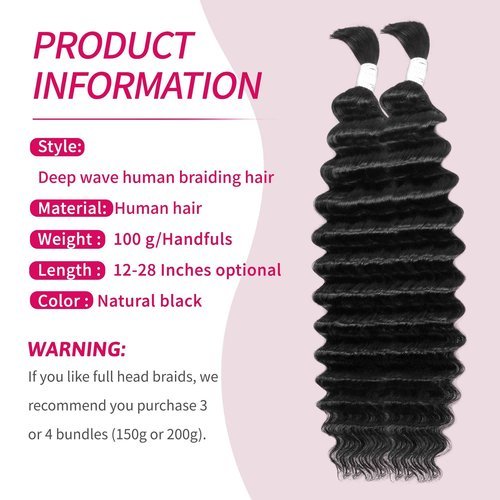 Deep Wave Bulk Human Hair for Braiding 10A Brazilian Curly Human Hair 100 percent Human Hair 2 Bundles No Weft micro Human Braiding Hair for Boho Braids Virgin Hair Extension(Natural Black, 100g 20")