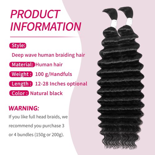 Deep Wave Bulk Human Hair for Braiding 10A Brazilian Curly Human Hair 100 percent Human Hair 2 Bundles No Weft micro Human Braiding Hair for Boho Braids Virgin Hair Extension(Natural Black, 100g 24")