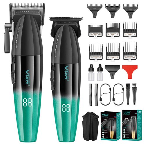 VGR Professional Hair Clipper and Trimmer Set for Men, Barber Clipper and Zero Gap T-Blade Trimmer Kit, Cordless USB Rechargeable Hair Cutting Kit with 9 Guide Combs, Ceramic Blade, LED Display