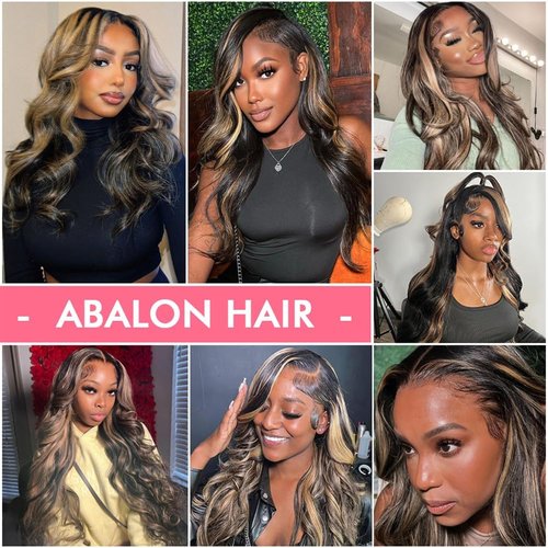 ABALON Balayage Body Wave Lace Front Wig Human Hair 16 Inch 200% Density Highlight Ombre HD Lace Frontal Wigs Human Hair Pre Plucked FB/27 13x4 Glueless Wigs for Black Women