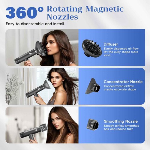 Natrial Ionic Salon Hair Dryer with 3 Attachments, 1600W Professional Blow Dryer with 110000RPM High Speed Brushless Motor for Fast Drying, Lightweight, Low Noise, Locking Function, Dark Gray