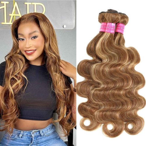Suerkeep Body Wave Bundles Human Hair Extensions 3 Bundles 20 22 24 Inches Raw Brazilian Virgin Hair P4/27 Color For Black Women