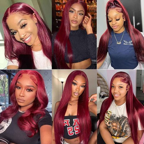 AUOU 32 Inch 99j Burgundy Lace Front Wigs Human Hair Pre Plucked Straight 13x4 HD Lace Front Wigs Human Hair 200% Density Glueless Red Color Frontal Wigs Human Hair for Women