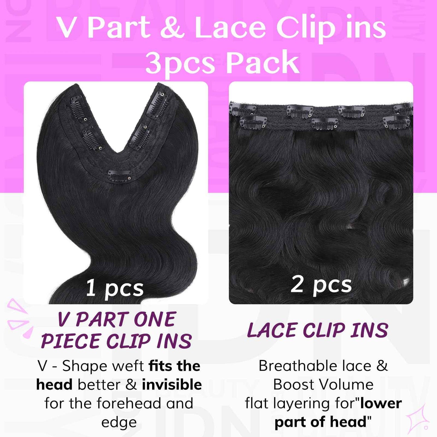 IDN BEAUTY V Part One Piece Clip in Hair Extensions Human Hair Combo Pack, Body Wave 18 Inch 120g 1pcs V Part and 2pcs Clip Ins For Black Woman Natural Black V Shape Lace Weft Seamless Invisible Edge