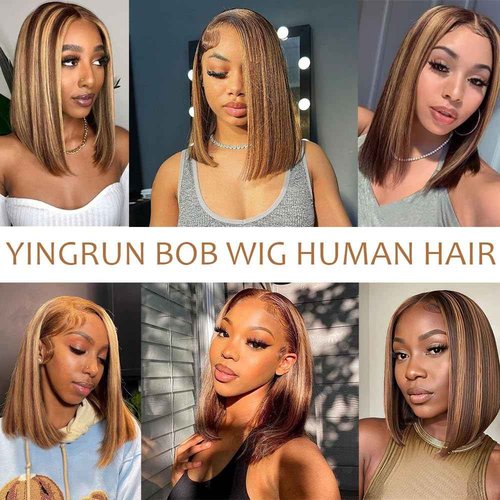 YINGRUN Bob Wig Human Hair Glueless Wigs Human Hair Pre Plucked Pre Cut Human Hair Wigs for Black Women (Highlight Ombre, 14 Inch)