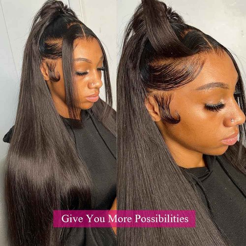 Iris Queen 13x4 HD Straight Lace Front Wigs Human Hair Pre Plucked 12A 180 Density Brazilian Transparent Lace Frontal Wig for Black Women with Baby Hair Natural Black Color (20 inch)