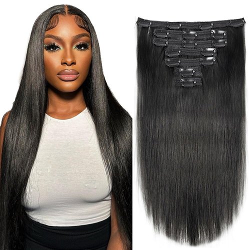 Liwihas Clip in Human Hair Extensions 100g 7pcs with 16 clips Silky Straight Clip in Hair Extensions for Women Double Weft Thick Remy Human Hair (#1B Natural Black 22 inch)