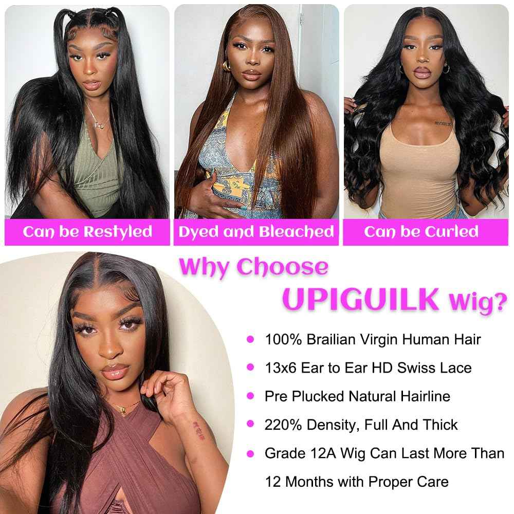 220 Density 13x6 Lace Front Wigs Human Hair 32 Inch Straight HD Lace Frontal Wigs Human Hair Pre Plucked with Baby Hair Glueless Wigs Brazilian Virgin Straight Wigs Human Hair for Women Natural Black