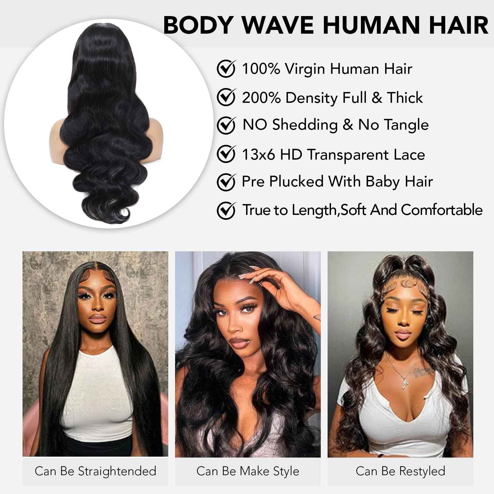 Pevrvfe 13x6 Lace Front Wigs Human Hair Pre Plucked with Baby hair 200 Density Body Wave HD Lace Front Wigs Human Hair 22 Inch Lace Frontal Wigs for Black Women Natural Color Glueless Wig