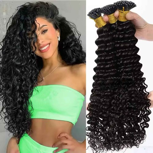 I Tip Hair Extensions Real Human Hair, 28inch 50g 50S Deep Wave Cold Fusion I Tip Hair Extensions, Invisible Remy Pre Bonded Human Hair I Tips, #1B Natural Black