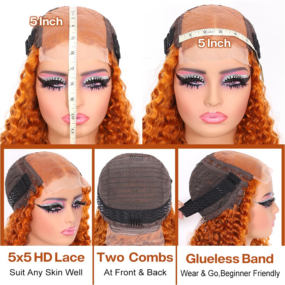 omswet Curly BOB Wig Human Hair 200 Density 5x5 HD Lace Closure Deep Wave Wigs for Black Women Glueless Wear and Go Pre Plucked Deep Wave Wet and Wavy Glueless Wigs Human Hair Ginger 18 Inch