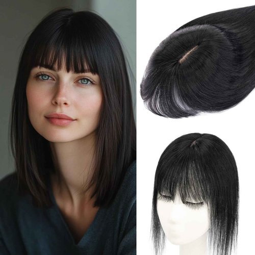 Rich Choices Real Human Hair Toppers for Women 3D Cover Clip in Bangs 100% Remy Human Clip in Silk Base Hair Topper with Bang for Thinning 150% Density 10 Inch #01 Jet Black