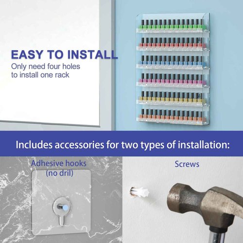 FEMELI 2 Pack Nail Polish Wall Racks 20 * 24 Inch Hold Up to 240 Bottles,Clear Acrylic Nail Polish Shelf Organizer Wall Mounted 6 Rows (2)