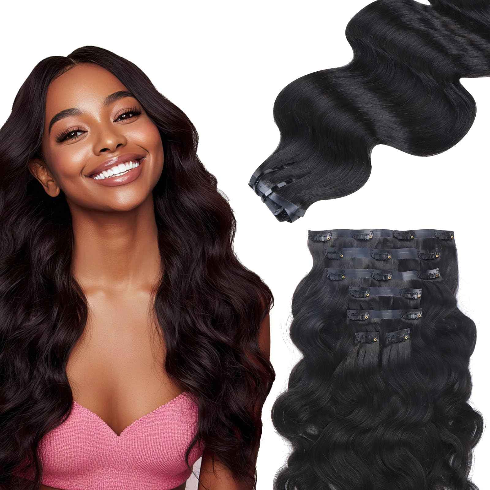 IDN BEAUTY Seamless Clip In Hair Extensions Human Hair, Body Wave 16 Inch 110g 7pcs Natural Black Real Virgin Human Hair Seamless Clip Ins For Black Women PU Weft Invisible Edge