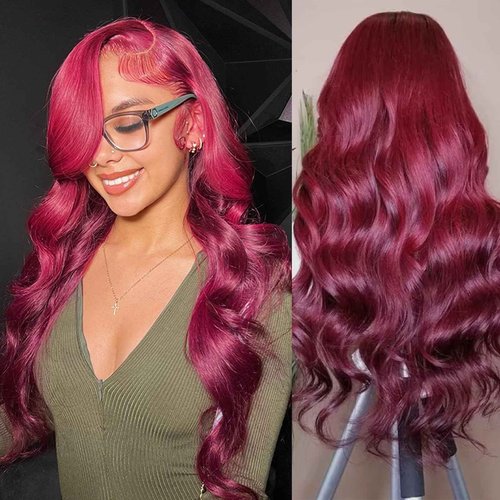 Burgundy Lace Front Wigs Human Hair 99j 13X4 Body Wave Lace Front Wigs 180% Density 100% Brazilian Human Virgin Hair Glueless HD Red Wigs Pre Plucked with Bleached Knots Natural Hairline (26inch)