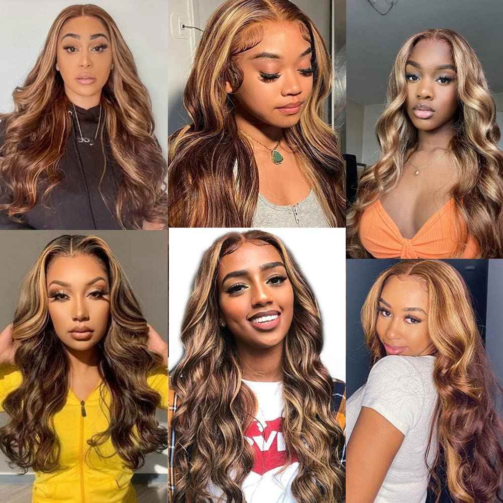 LAPONDAI Highlight Ombre 13x4 HD Lace Front Wig Human Hair Pre Plucked Transparent 4/27 Honey Blonde lace frontal Wigs with Baby Hair 150% Density Colored Lace Front wig Human Hair for Women 28 Inch