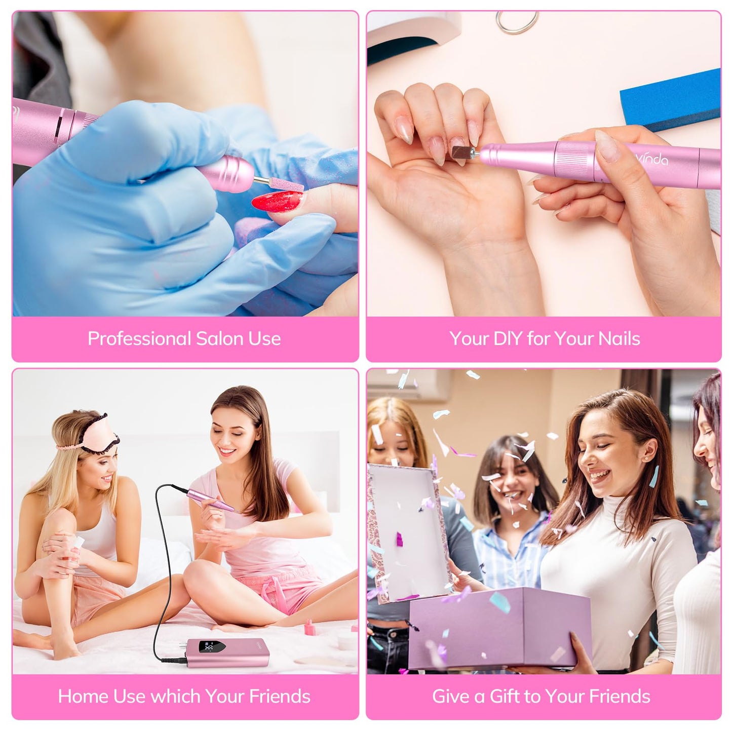 Lavinda Nail Drill 35000 RPM, Cordless Rechargeable Electric Nail File Machine, Professional Efile for Acrylic Nails, Gel Polish, Cuticle Removal, Home and Salon (Pink)