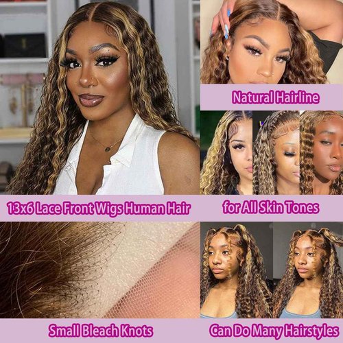 LAINSS Highlight 13x6 Deep Wave Lace Front Wigs Human Hair 4/27 Ombre Curly HD Transparent Lace Frontal Wig Pre Plucked Glueless Wig human hair 210% Density Wet and Wavy Curly Wigs 18 Inch