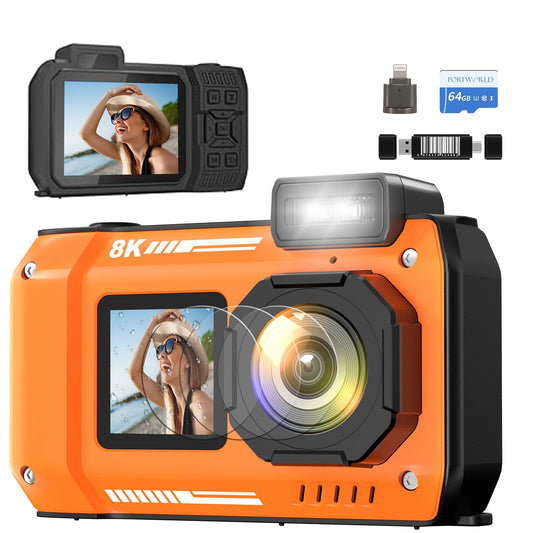 8K Waterproof Digital Camera Snorkeling: 70MP 33FT Compact Rugged Underwater Camera - HD Dual-Screen with 18X Zoom Selfie 64GB Card & 2500 mAh Battery for Outdoor Scuba Diving Fishing Swimming Orange