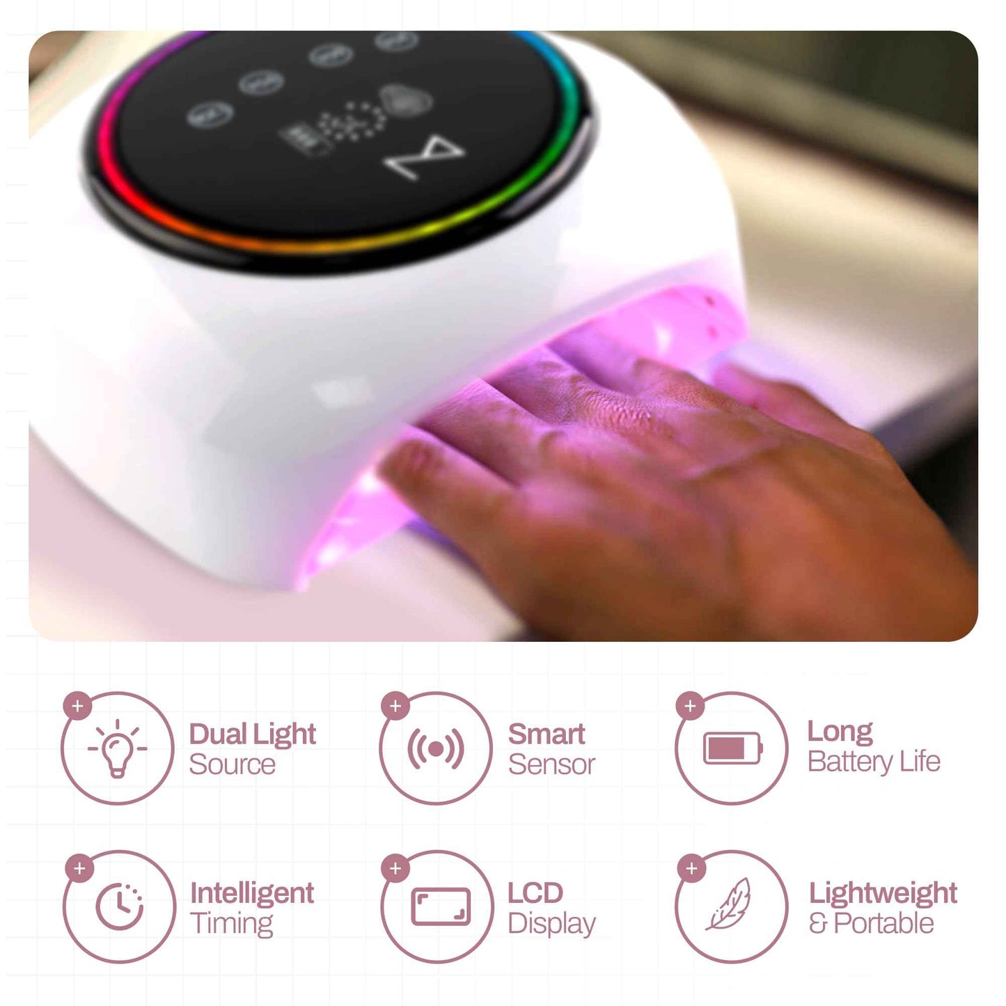 M - HaloLite LED Nail Curing Lamp 98W, 32 LEDs, Wireless Rechargeable with 5200mAh Battery, Fast UV/LED Gel Nail Dryer for Salon & Home Use, Long-Lasting, Portable, Cordless Design (Pink)