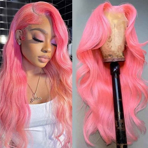 Msviki School Day Candy Pink Human Hair Wig Colored Body Wave Lace Front Wig Virgin Hair 13x4 UHD Transparent Swiss Soft Lace Preplucked Brazilian Hair 18"