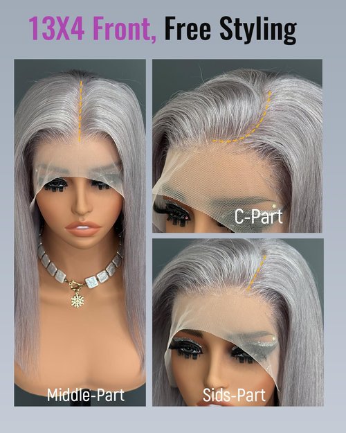 Silver Grey 13x4 Lace Front Bob Wig Brazilian Virgin Human Hair Wig Pre Plucked Hairline with Baby Hair UHD Transparent Lace Natural Looking Glueless Wear and Go Gray Wigs for Women 14 Inch