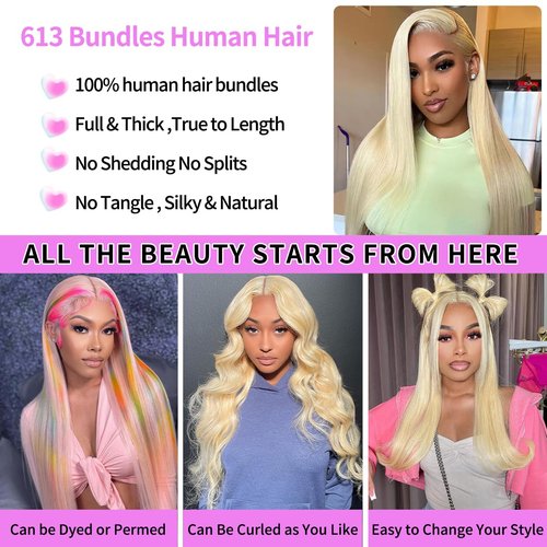 613 Bundles Blonde Bundles Human Hair 28 Inch 613 Straight bundles 100% Unprocessed 12A Grade Brazilian Virgin Hair Bundles 1 Bundle Human Hair 613 Blonde Bundle