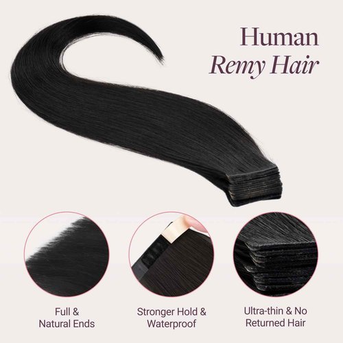 GOO GOO Genius Tape in Hair Extensions, Hand Tied Tape Weft, 1B Natural black, 20inch 50g 20pcs, Remy Human Hair, Seamless Invisible Tape, Natural Blend, Lightweight