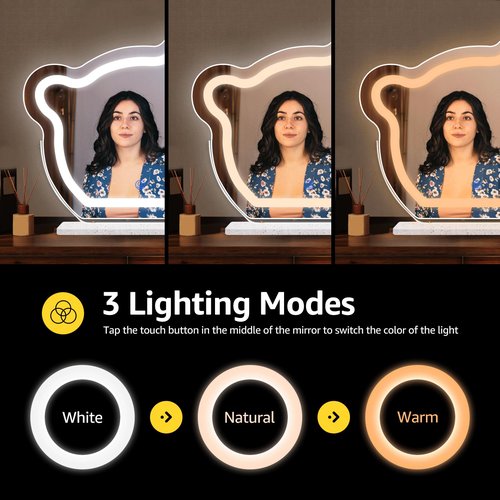 nianfeng Light Up Vanity Mirror, Lighted Makeup Mirror with 10x Magnification, LED Desk Mirror with Lights for Dorm, Bedroom, Tabletop, Girls, Women, Plug in, Bear, White