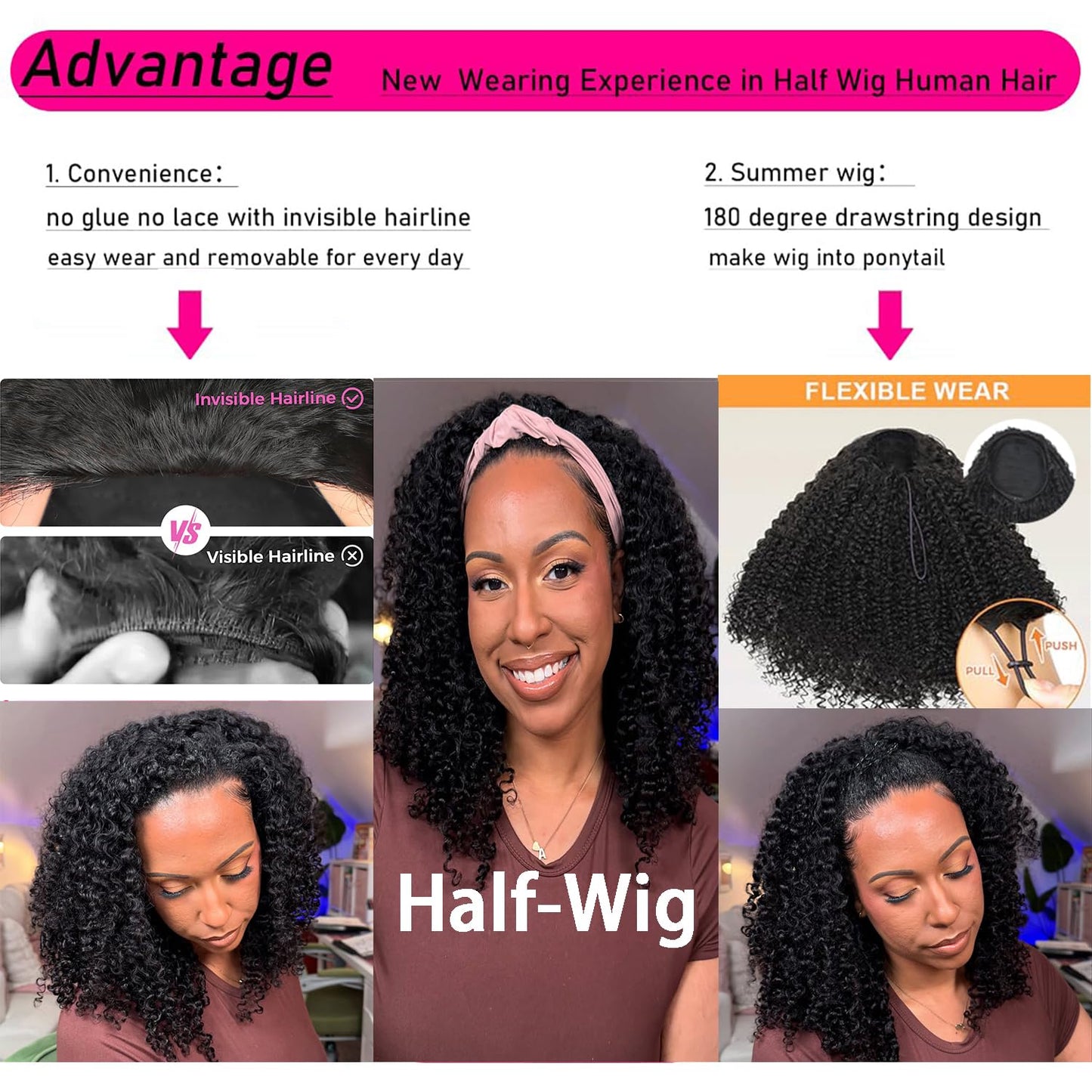 Half Wig Human Hair 3 In 1 Special Curly Half Wigs for Black Women 200% Density Wear and Go Glueless Wig Drawstring Ponytail Seamless Flip Over No Lace Headband Wig Beginner Friendly 16 Inch